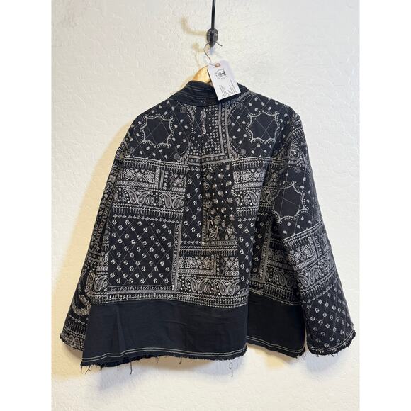1572 POL Medium Black Quilted Paisley  Crochet Patches Open Pocket Jacket NEW - Picture 4 of 5
